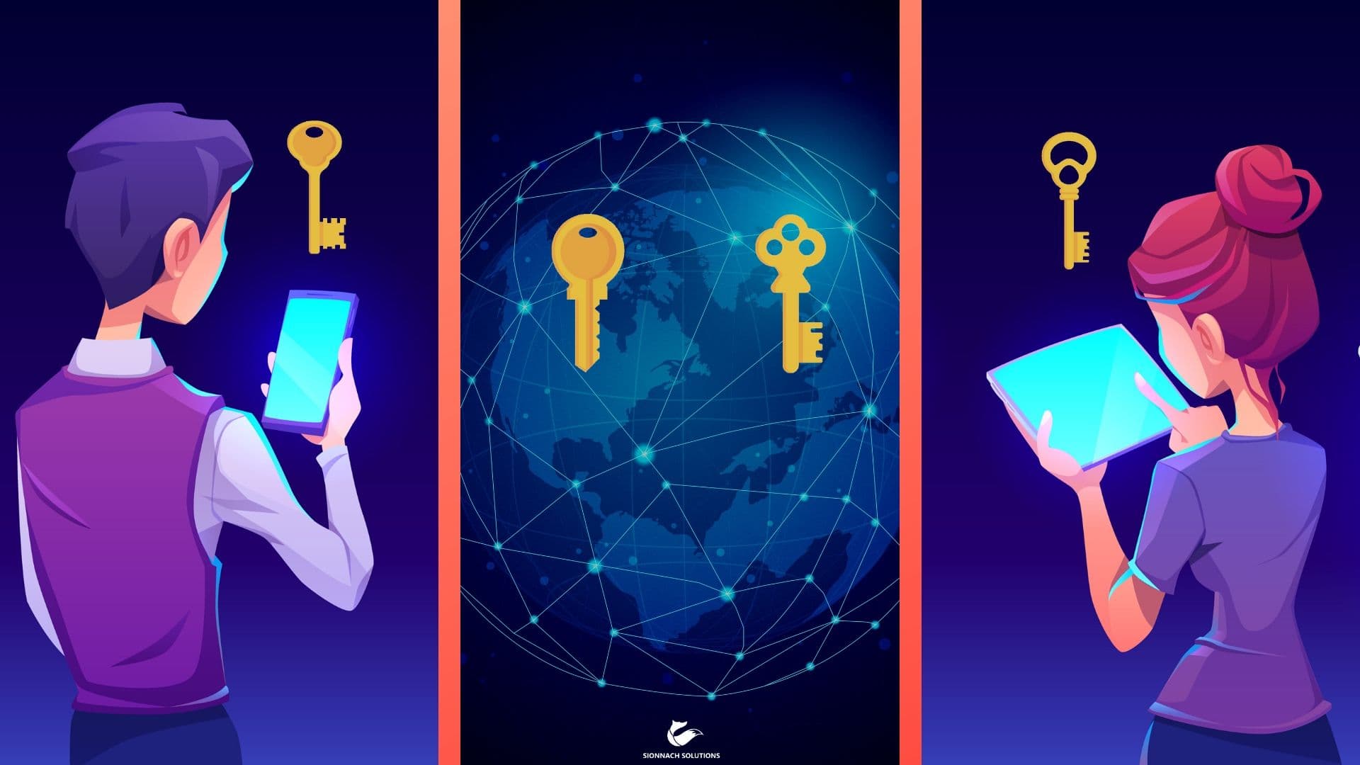 Depiction of private asymmetric keys safely with their owners, and their public asymmetric keys harmlessly and usefully exposed on the world wide web.