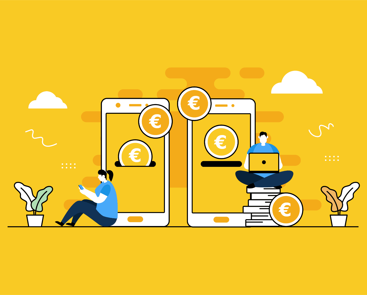 Graphic of two people, one using a phone and the other using a laptop, sending or receiving digital money.