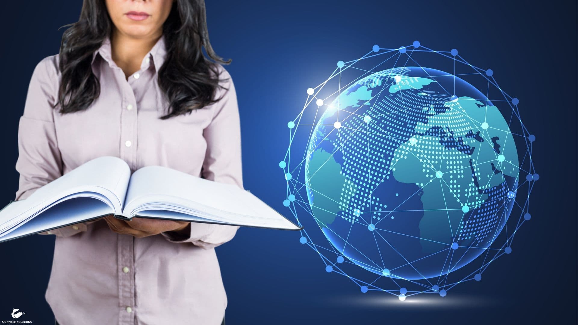 A graphic attempting to depict many copies of the same ledger distributed all over the globe.